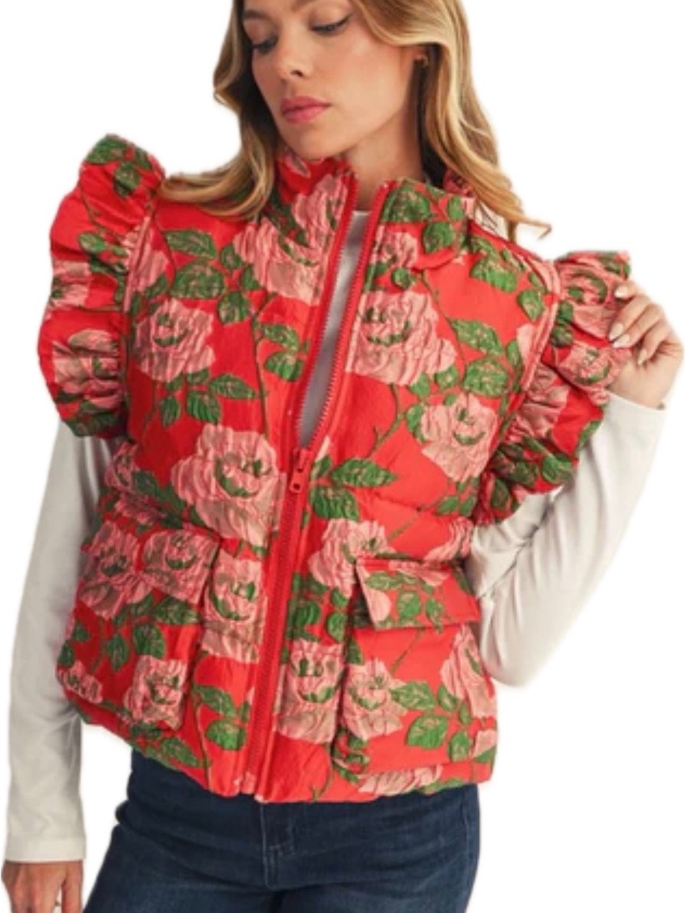 JODIFL Red Quilted Floral Ruffle Puff Vest